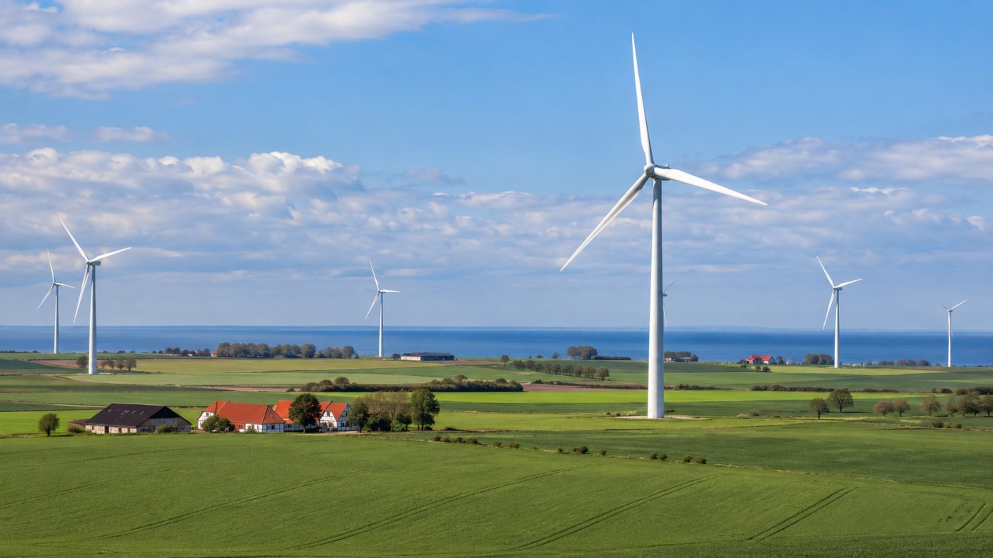 Several large white wind turbines standing across green farmland on a flat Danish island, with the sea and a few farmhouses in the background under a bright sky