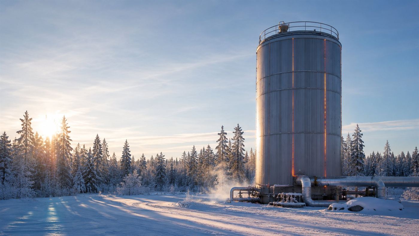 A tall grey insulated industrial silo standing in a snowy Finnish landscape, glowing faintly with stored heat