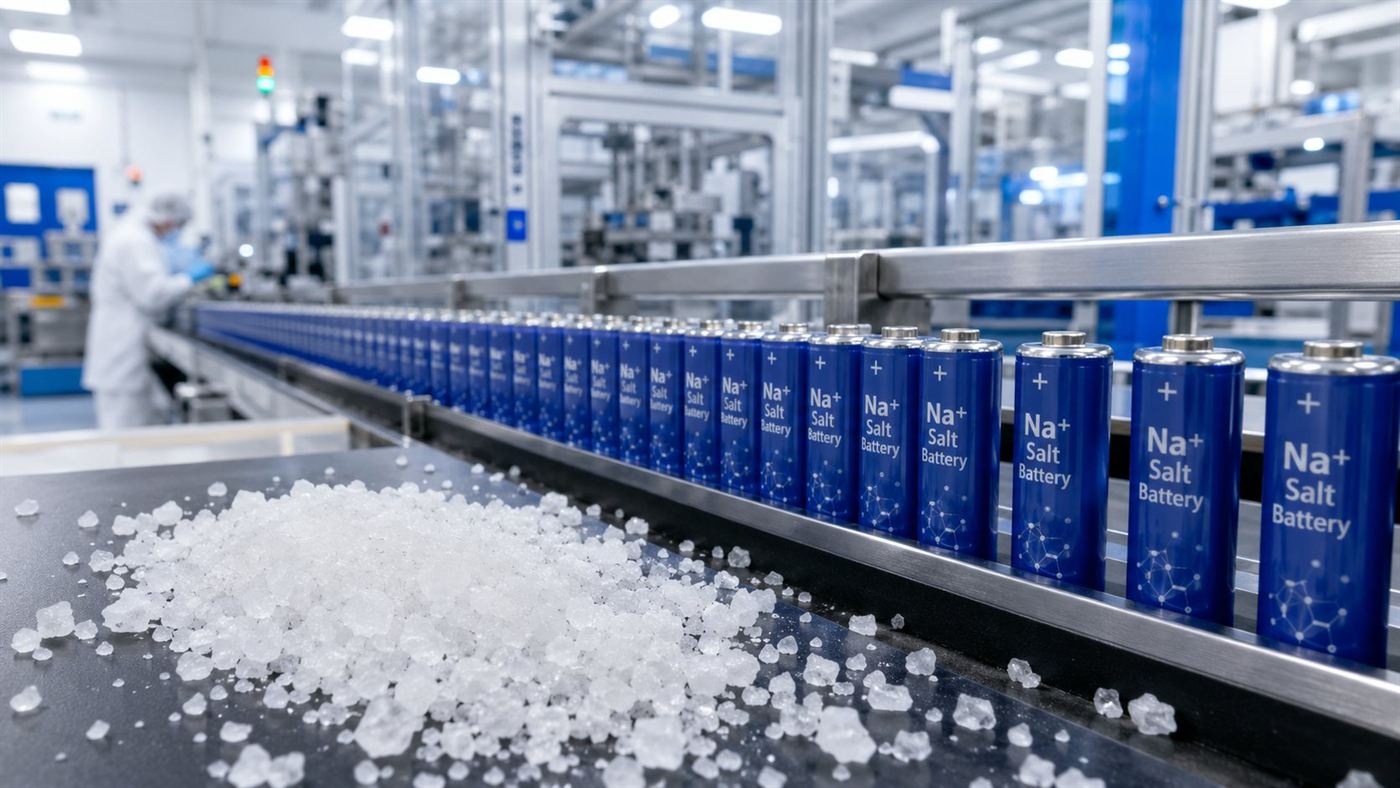 A row of cylindrical battery cells on a production line with coarse white salt crystals in the foreground