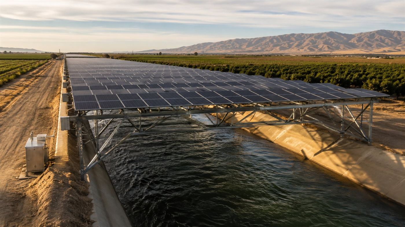 Long rows of solar panels mounted on steel trusses spanning over a wide concrete irrigation canal in California's Central Valley, water flowing in shade beneath