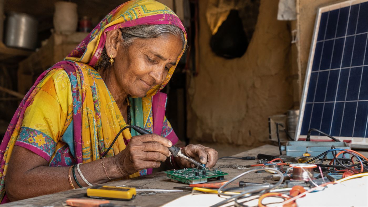 An older woman in a colourful sari carefully soldering a circuit board for a solar charge controller at a workbench in rural India