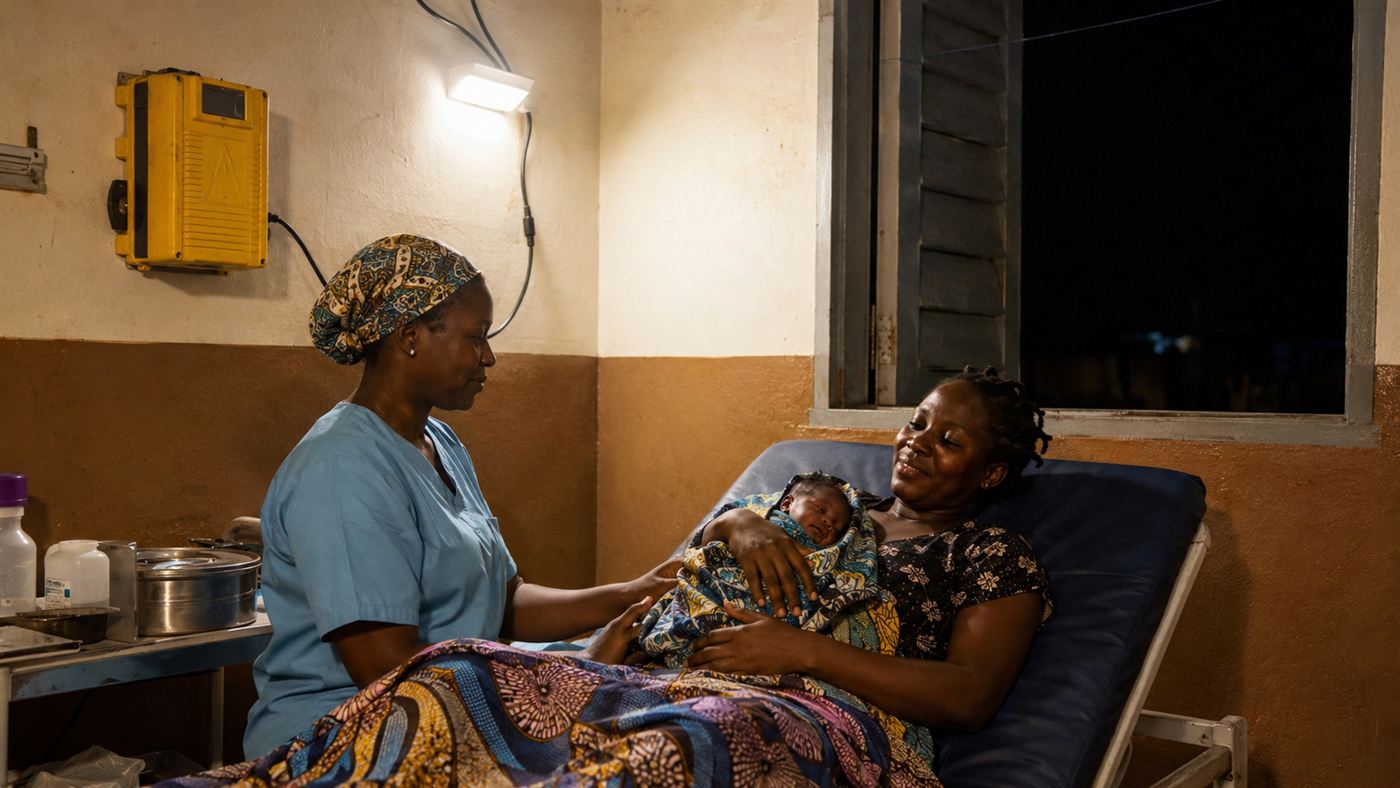 A rural maternity room at night brightly lit by a solar powered LED light, with a midwife attending a mother holding a newborn