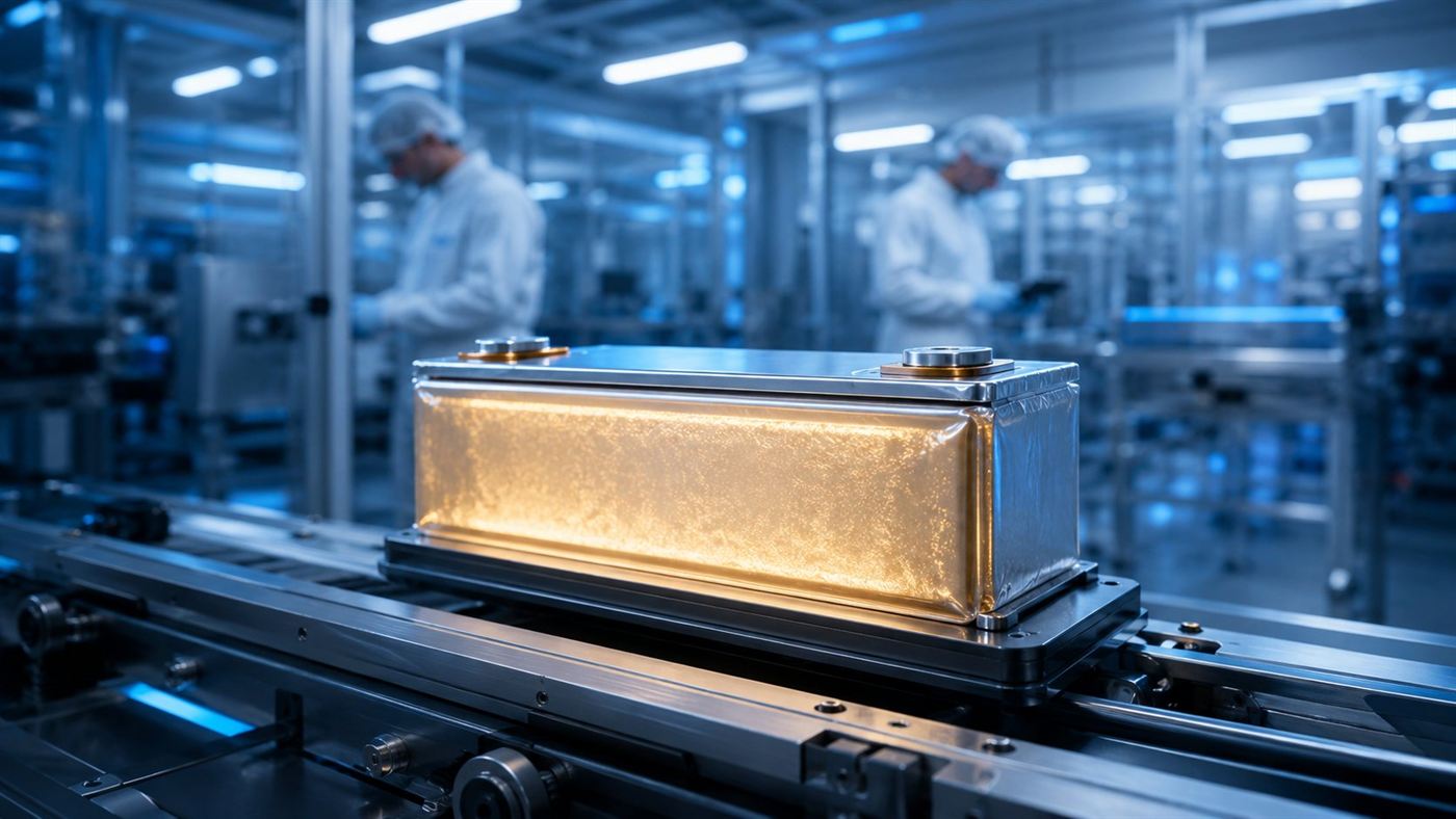 A glowing solid-state battery cell on an automated pilot production line inside a clean dry room, engineers in white coveralls in the background