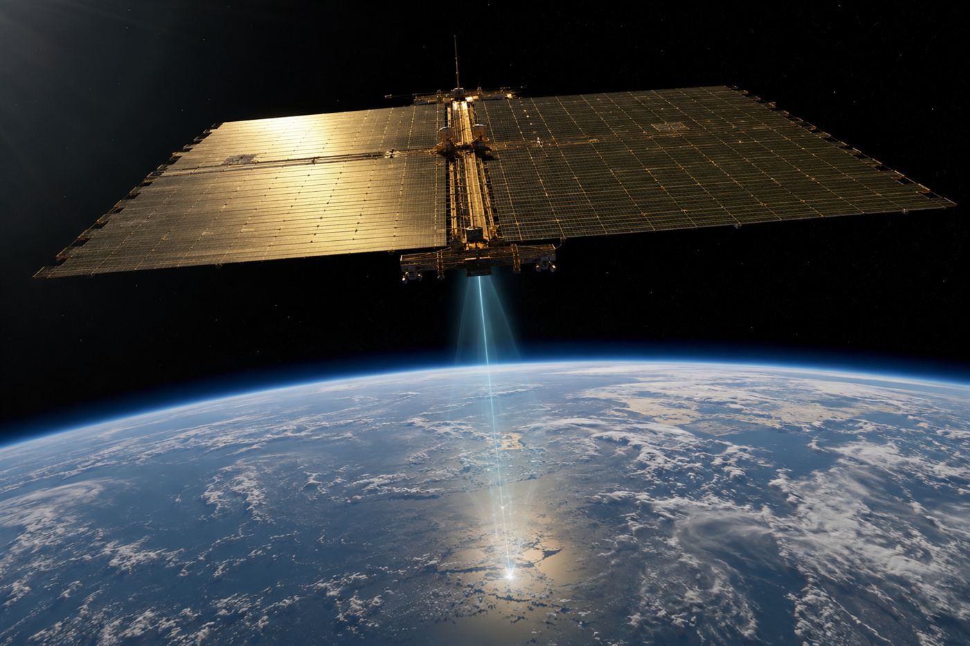 A vast solar power satellite with huge panels orbiting above the curved blue Earth, sunlight glinting off the array against the black of space