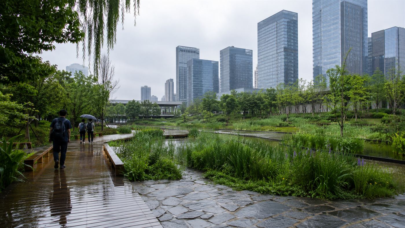 A lush green urban wetland park with ponds, terraces and wooden boardwalks soaking up rainwater in front of a modern Chinese city skyline