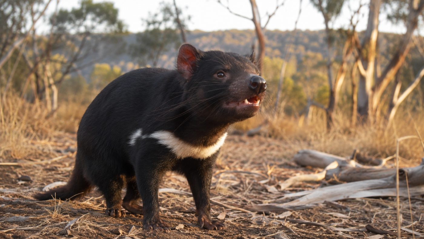 A black Tasmanian devil with a white chest stripe standing alert in dry Australian bushland at golden light, mouth slightly open