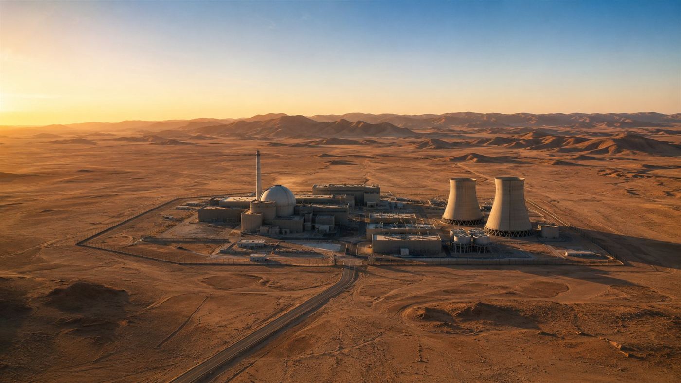 A remote experimental nuclear research facility standing alone in the vast empty Gobi Desert at golden hour