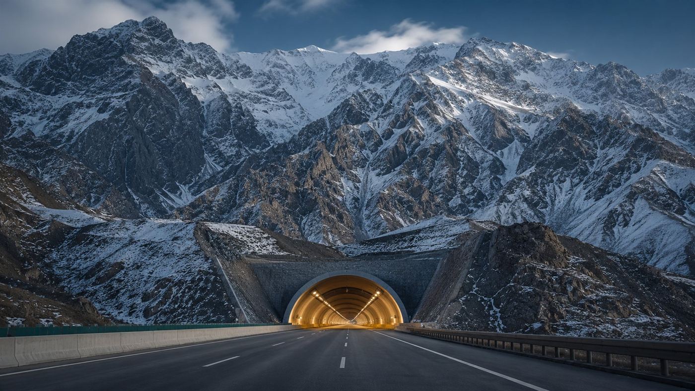 A wide lit expressway tunnel portal cut into a vast snow-dusted mountain range under a cold clear sky