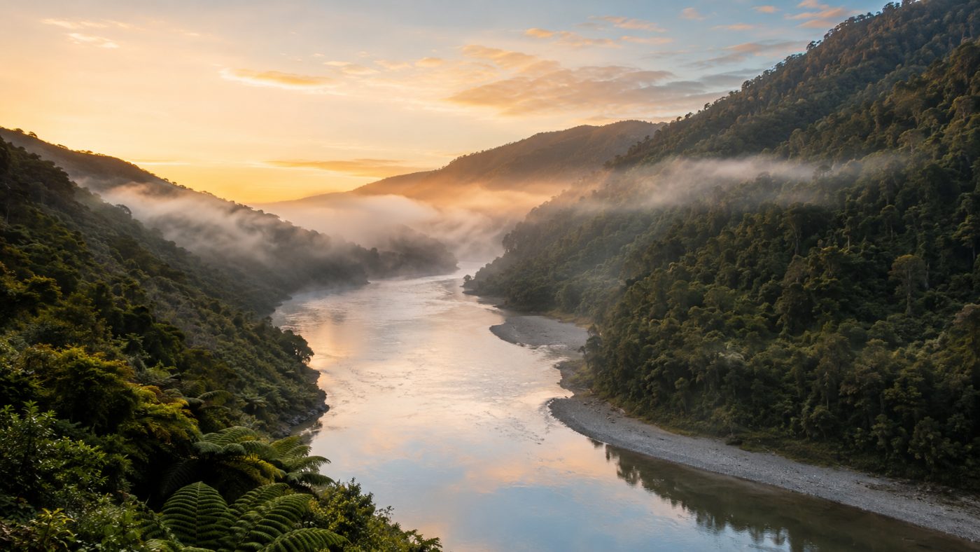 A wide misty river winding through steep green native forest hills in New Zealand at dawn, calm and serene