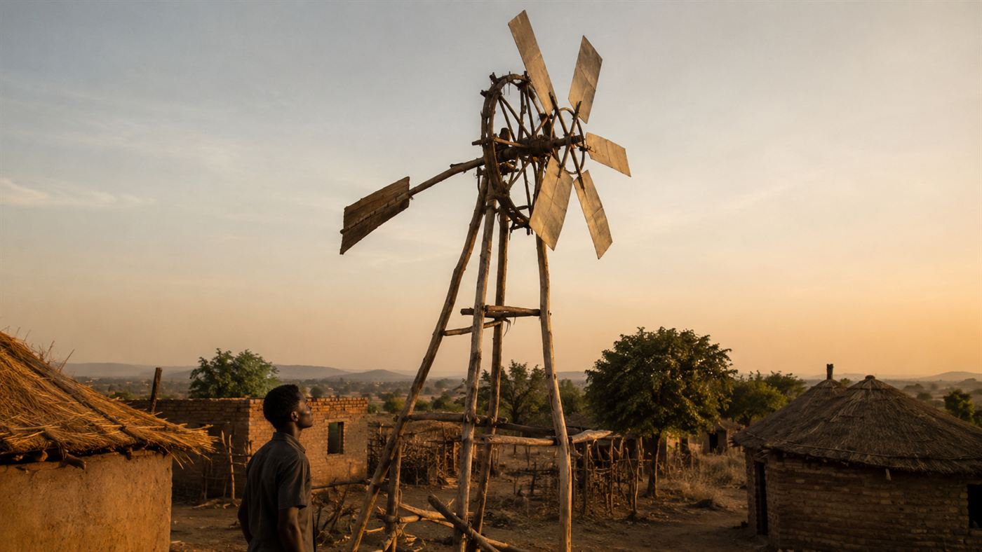 A young man standing proudly beside a tall handmade wooden windmill tower built from bicycle parts and a fan blade in a rural African village
