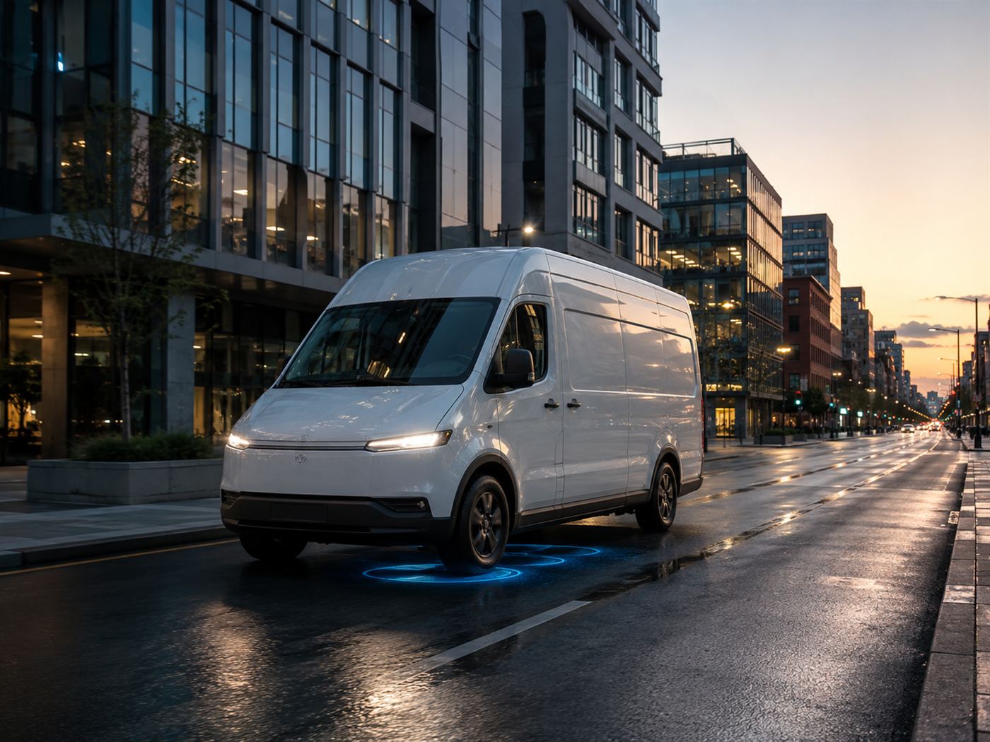 A modern white electric delivery van driving along a city street lane at dusk with a faint blue glow of charging coils beneath the asphalt and modern buildings behind
