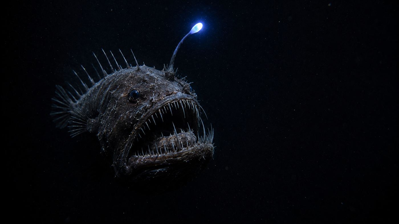 A dark deep-sea anglerfish with a glowing lure dangling in front of its toothy mouth in black water