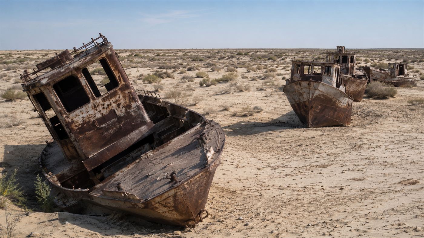 Rusted fishing boats stranded in the dried sandy desert near Moynaq, Uzbekistan, where the Aral Sea once reached, skeletal hulls listing in dust under a pale blue sky