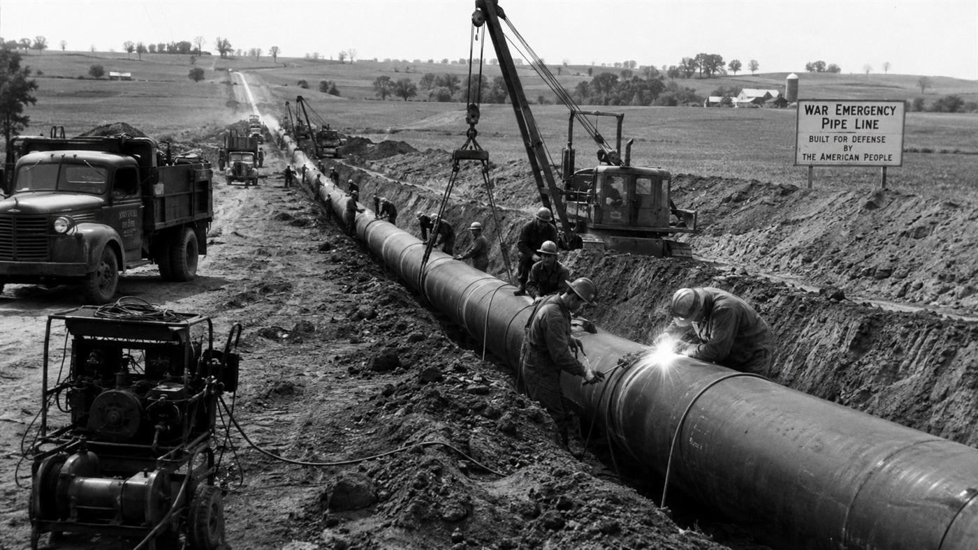 Workers welding a huge steel section of the Big Inch pipeline across open American country in 1943