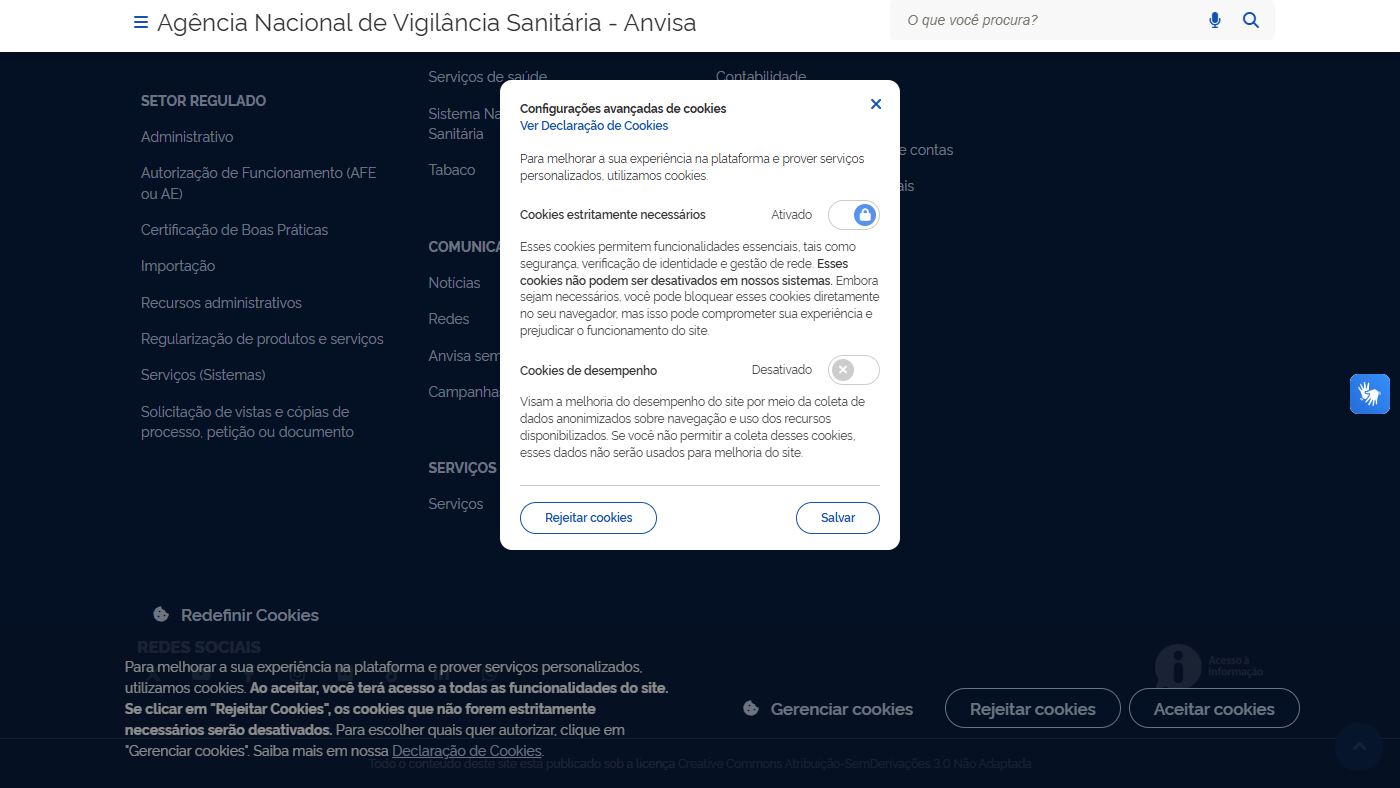 Página oficial da Anvisa no portal gov.br, órgão responsável por esclarecer o boato do biscoito recheado com petróleo