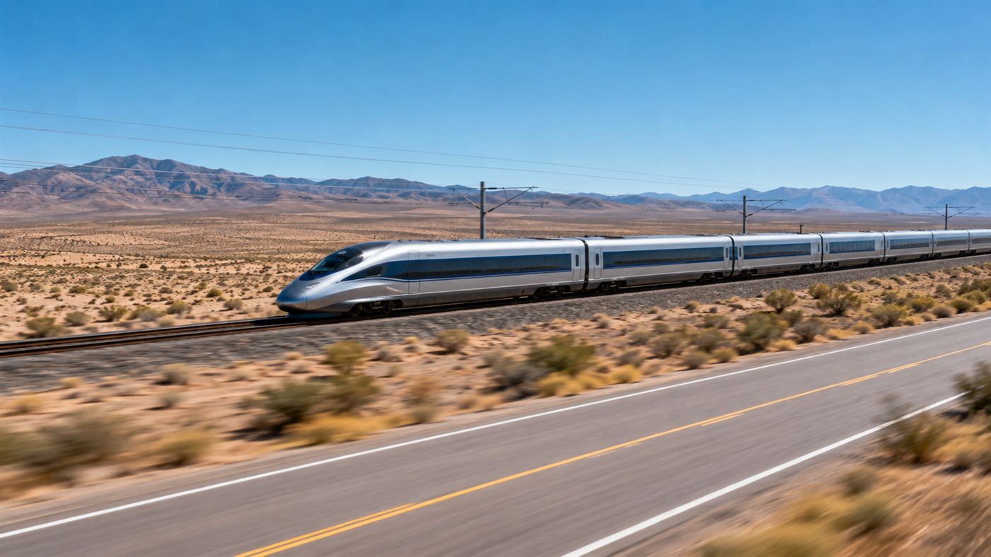 A sleek modern electric high-speed rail train racing across a desert landscape beside a highway under a blue sky