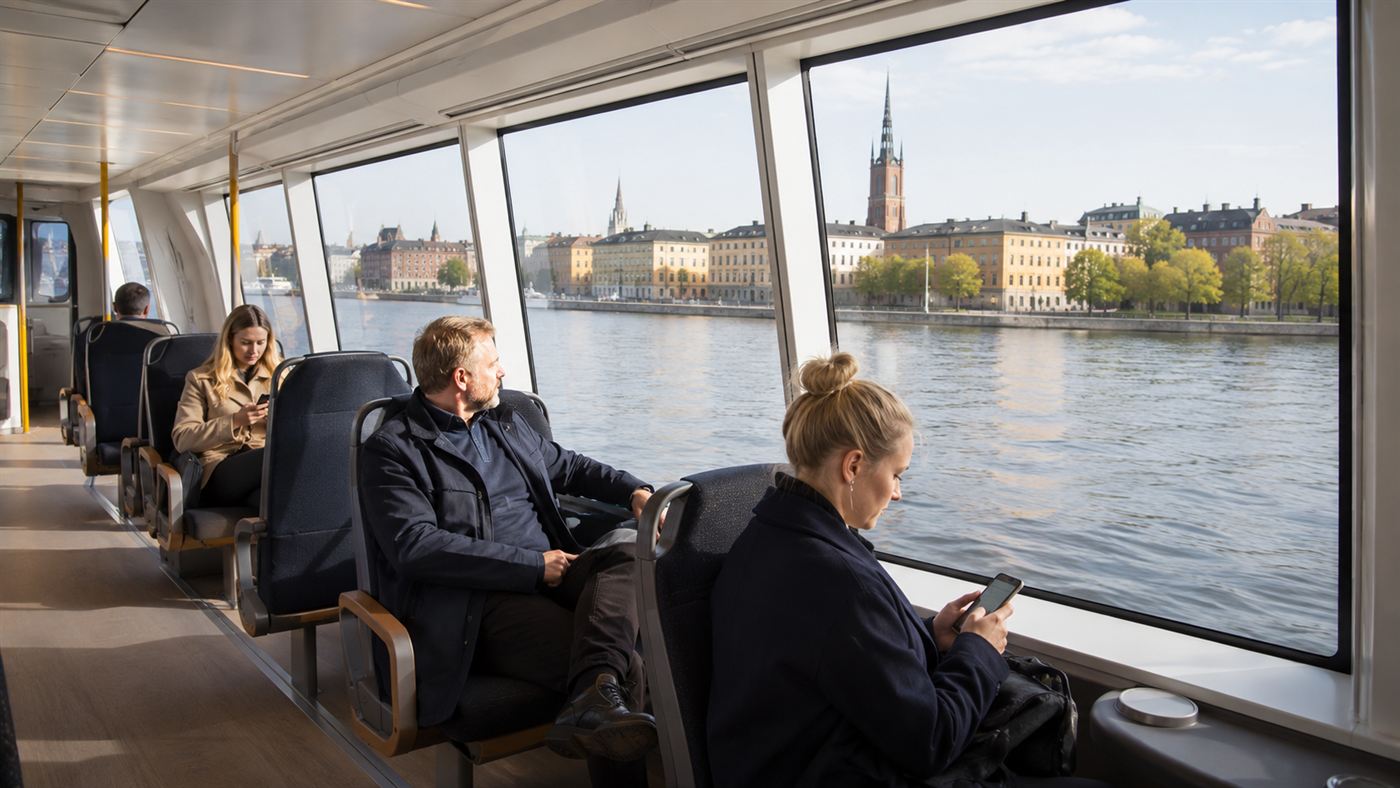 The bright interior of a modern electric ferry cabin with relaxed commuters in comfortable seats beside large panoramic windows, the Stockholm shoreline gliding past outside
