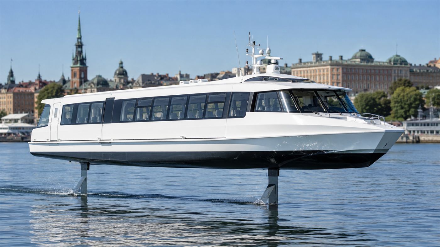 Close side view of a white hydrofoil ferry hull lifted about one metre above the water on two slender submerged wing struts, water streaming off the foils and no wake behind