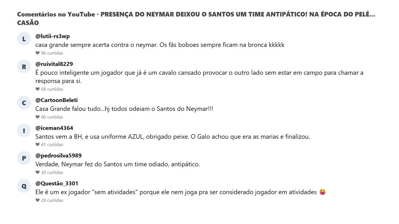 Print dos comentários do público sobre a fala de Casagrande sobre Neymar e o Santos