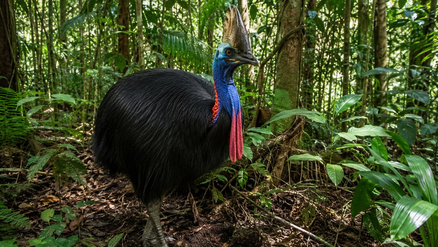 A southern cassowary with a glossy black body, bright blue and red neck and a tall casque, standing in dense rainforest