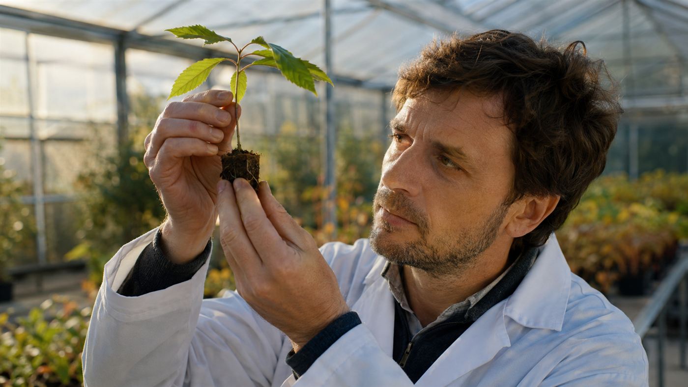 A scientist in a greenhouse holding a small chestnut seedling at eye level, examining it closely in warm afternoon light