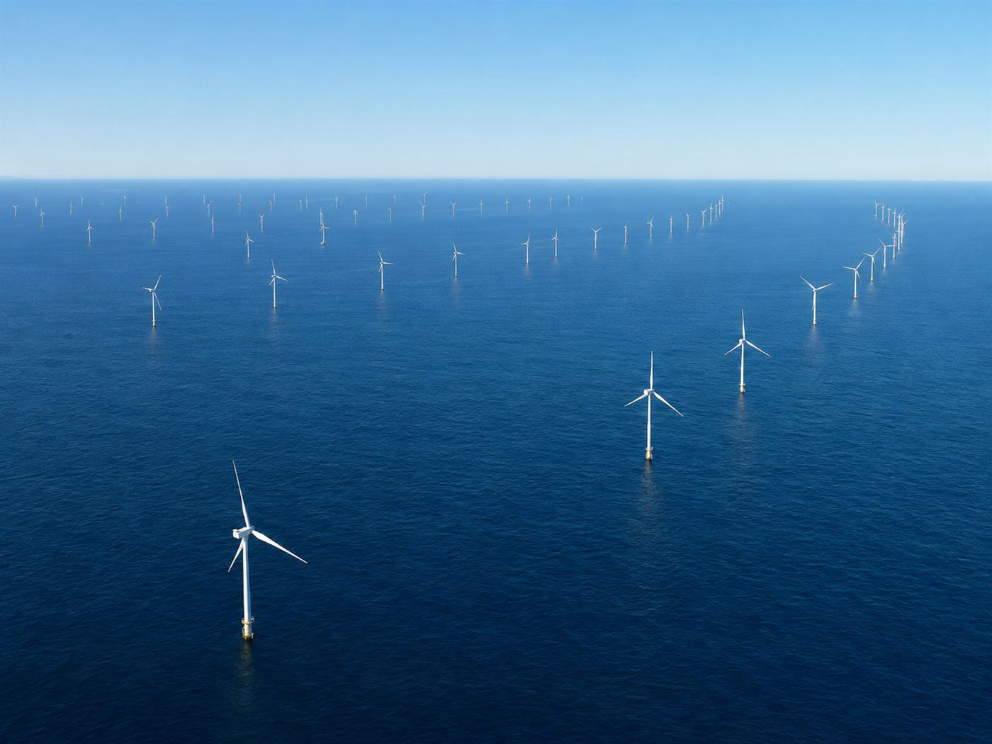 Rows of huge white offshore wind turbines of the Coastal Virginia Offshore Wind farm standing in the Atlantic Ocean under a bright sky