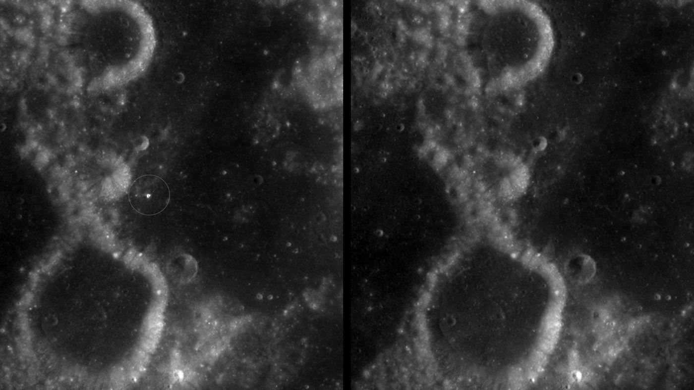 Imagens de antes e depois mostram a mudança na superfície da Lua causada pelo impacto que formou a cratera McGetchin