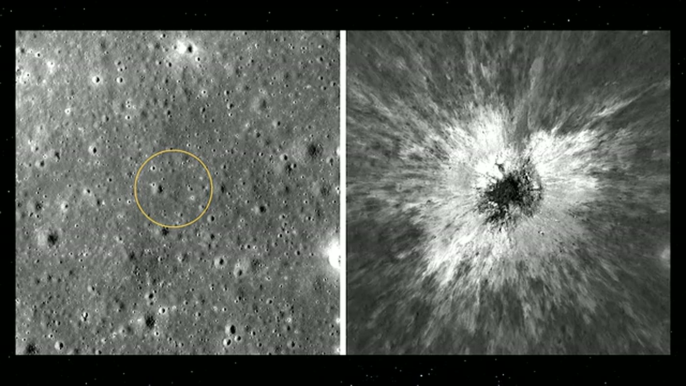 Comparação antes e depois do local da cratera McGetchin, com zoom na área do impacto, mostrada no vídeo do canal Space Today