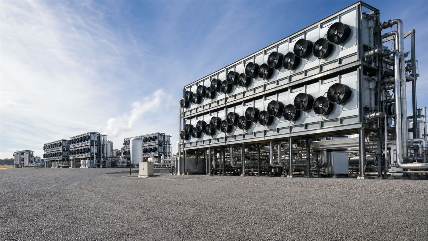 A large industrial direct air capture plant with rows of big fans and steel units pulling carbon dioxide from the air under a wide sky