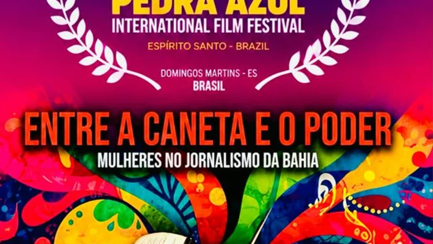 arte oficial do FestCine Pedra Azul anunciando a seleção do documentário mulheres jornalismo baiano