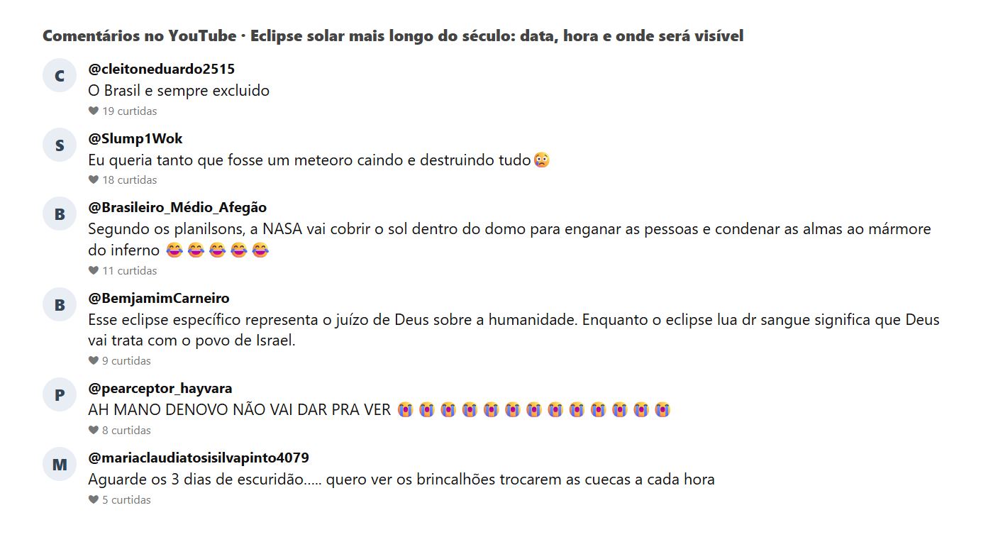 Comentários do público sobre o vídeo do eclipse solar mais longo do século
