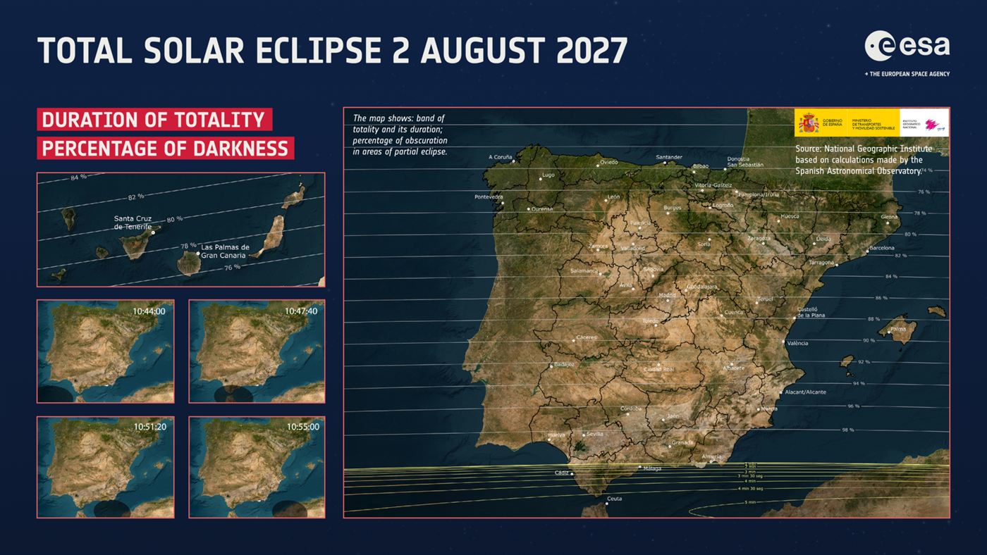 Mapa da faixa de totalidade do eclipse solar na Espanha em 2 de agosto de 2027