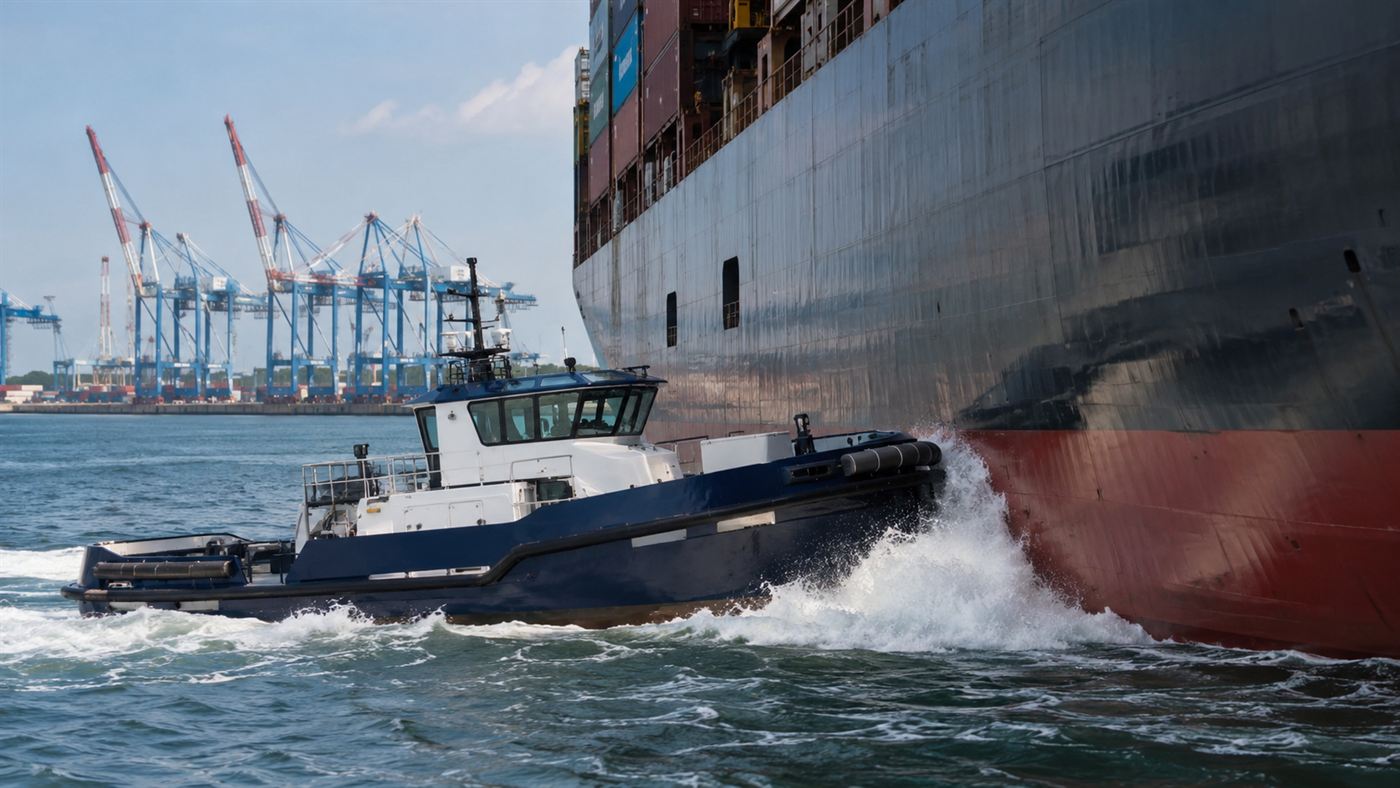 An electric tugboat pushing hard against the huge hull of a container ship in a port, white water at its bow