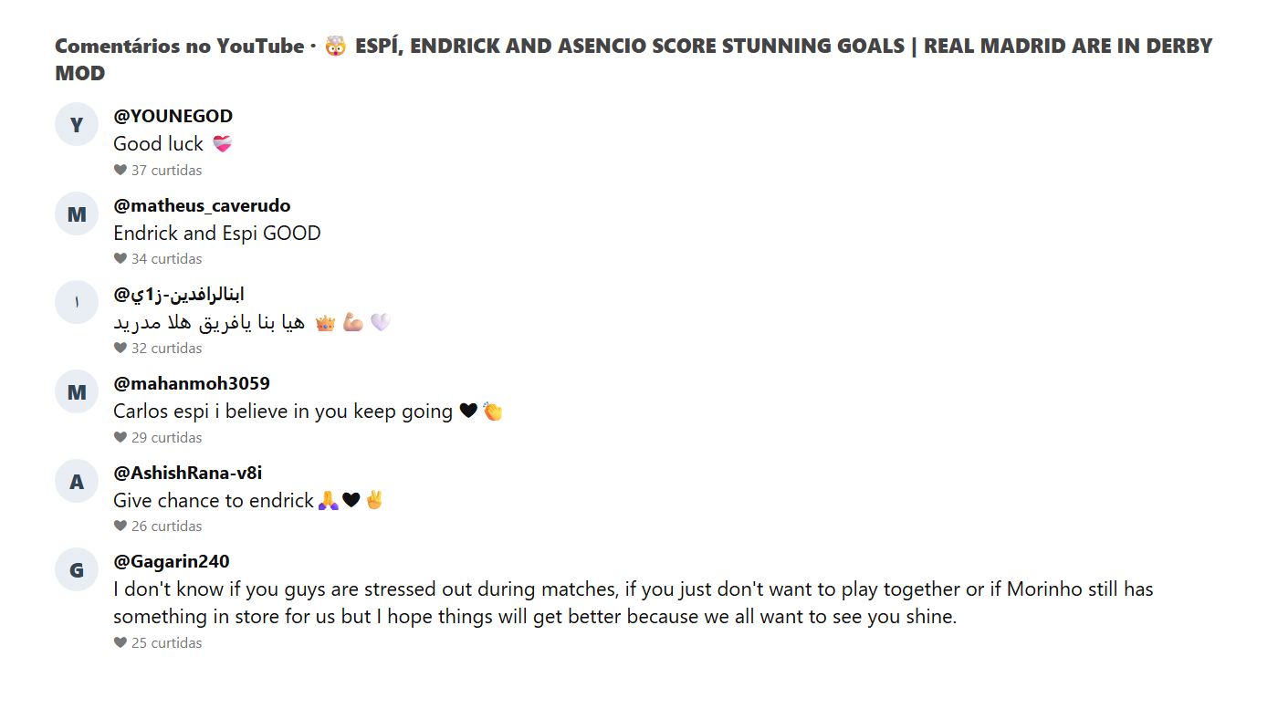 Comentários do público no vídeo do treino do Real Madrid com o golaço de Endrick