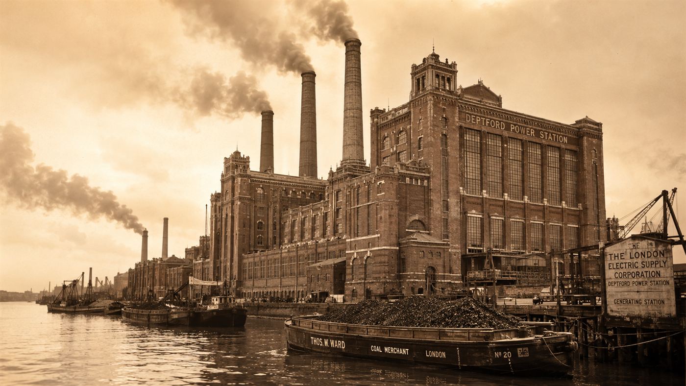 Sebastian de Ferranti's vast Victorian brick power station beside the Thames at Deptford with tall chimneys