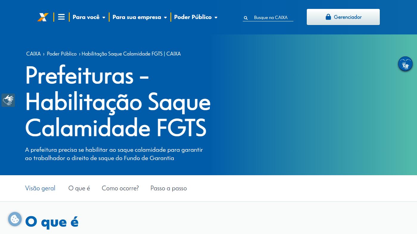 Página oficial da Caixa com a habilitação do saque calamidade fgts santa catarina