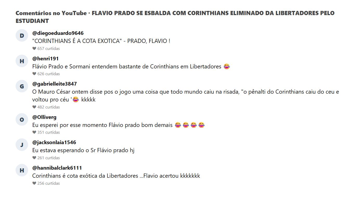 Comentários do público no vídeo de Flávio Prado sobre a eliminação do Corinthians