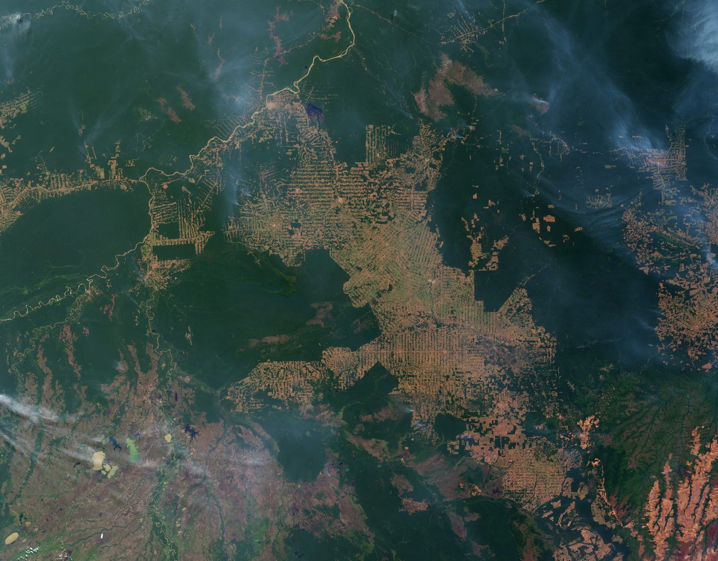 Imagem de satélite mostra fumaça sobre área de floresta desmatada em padrão de espinha de peixe, em Rondônia