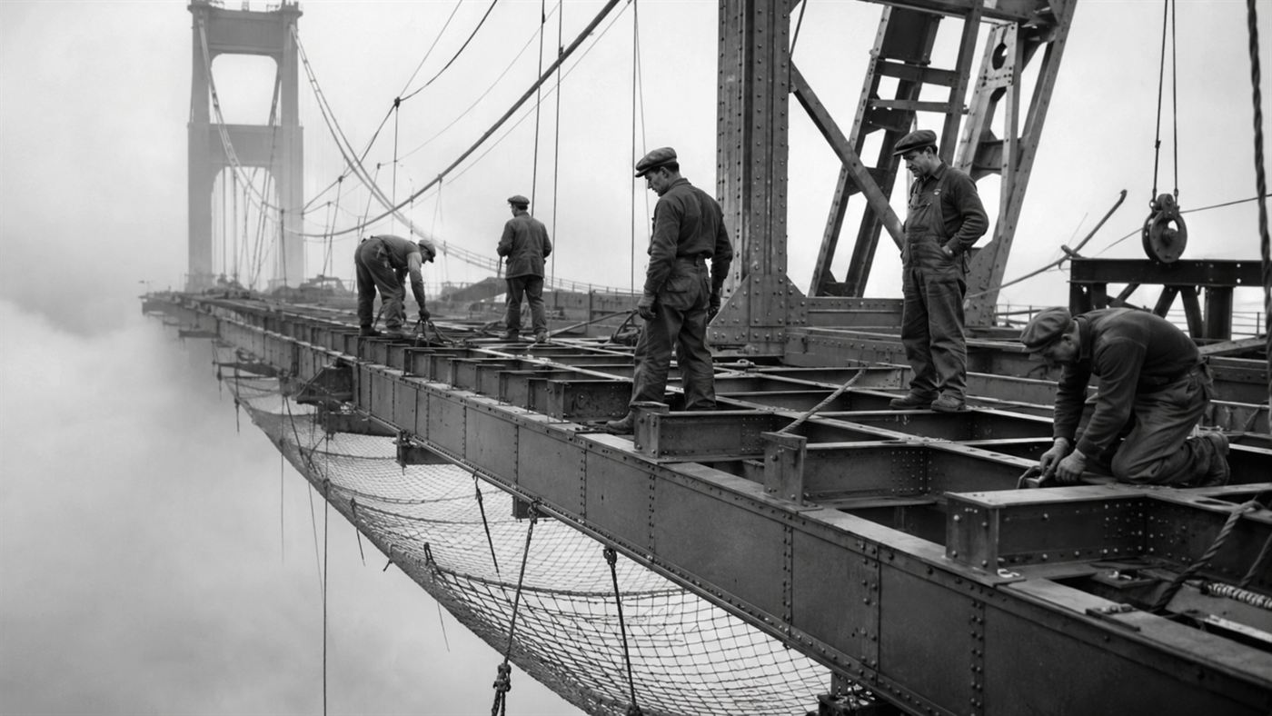 Workers on the deck of the Golden Gate Bridge under construction in 1936 with a safety net strung in the fog below