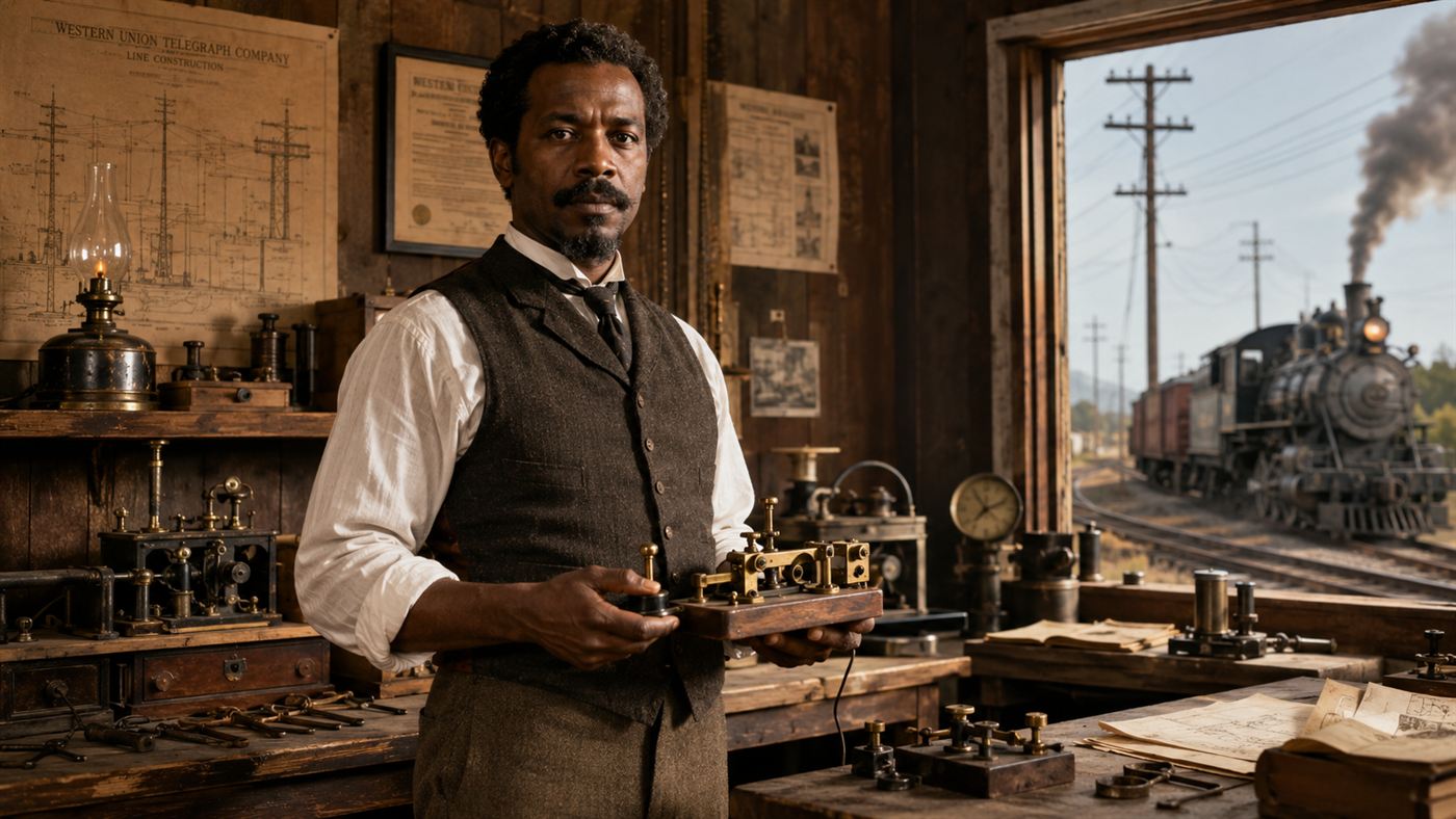 A 19th-century Black engineer in a workshop holding telegraph equipment with a steam train and telegraph lines visible behind him, representing Granville Woods