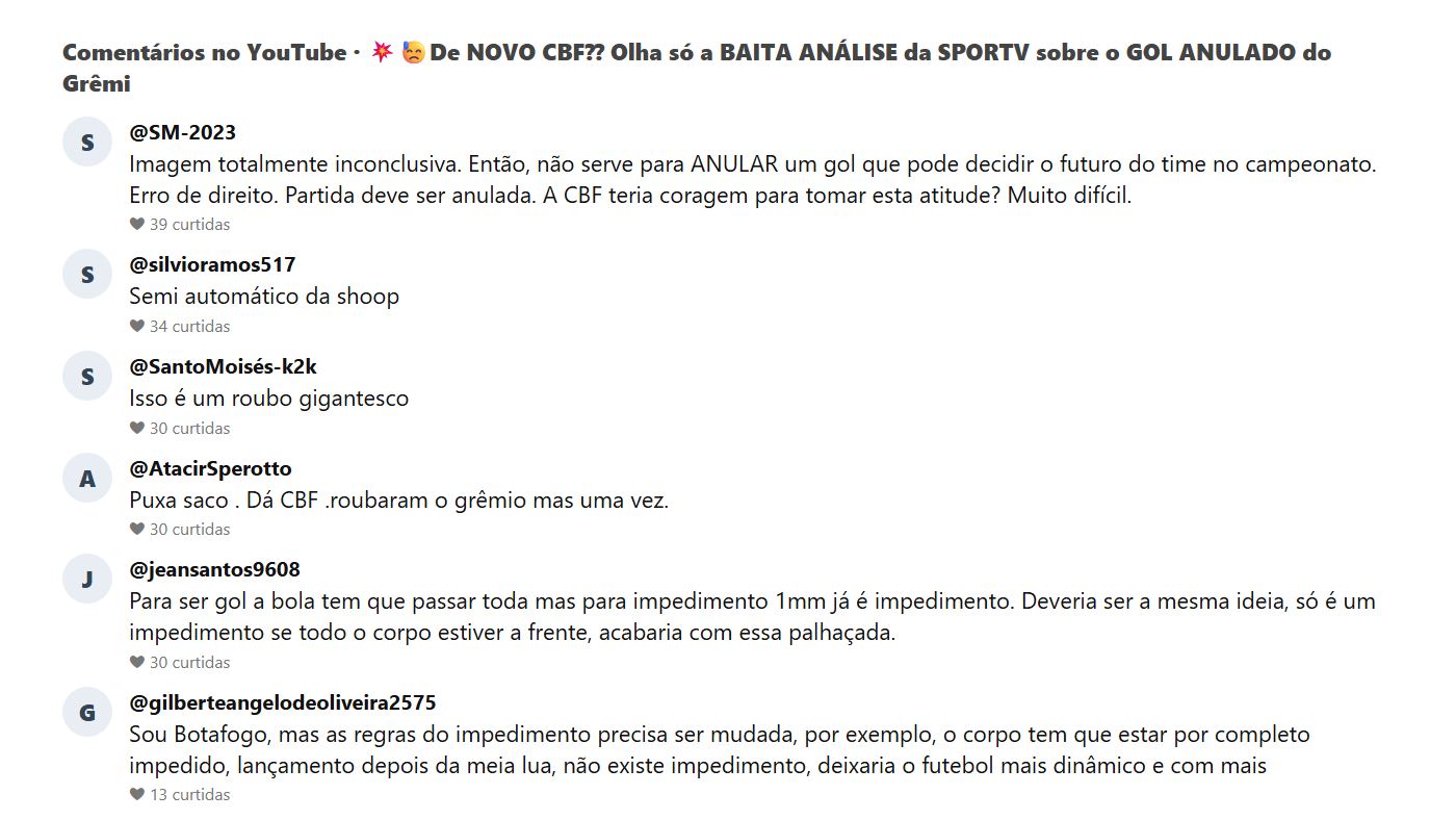 Print dos comentários do público sobre o gol anulado do Grêmio contra o Botafogo
