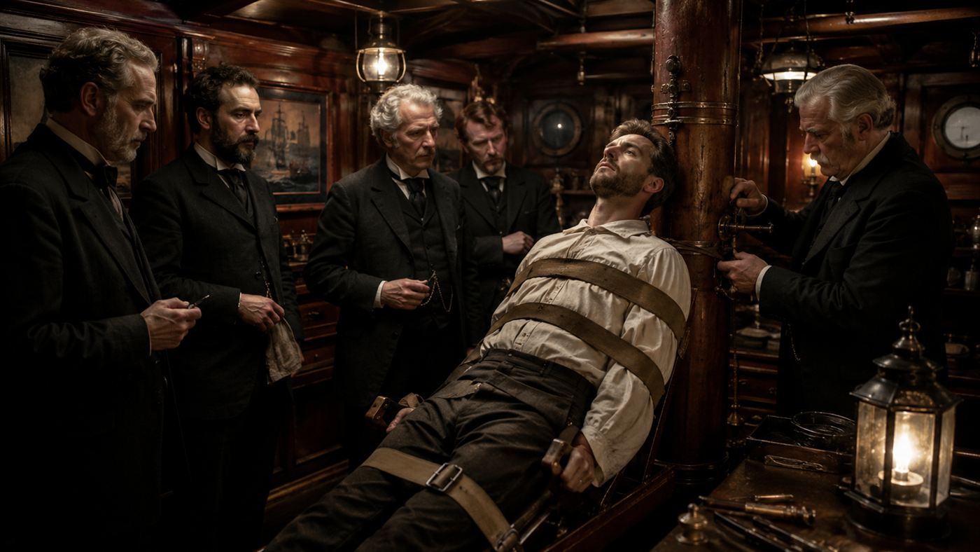 A recreation of Grover Cleveland's secret surgery aboard a yacht in 1893, surgeons gathered around a reclining patient in a wood-panelled cabin