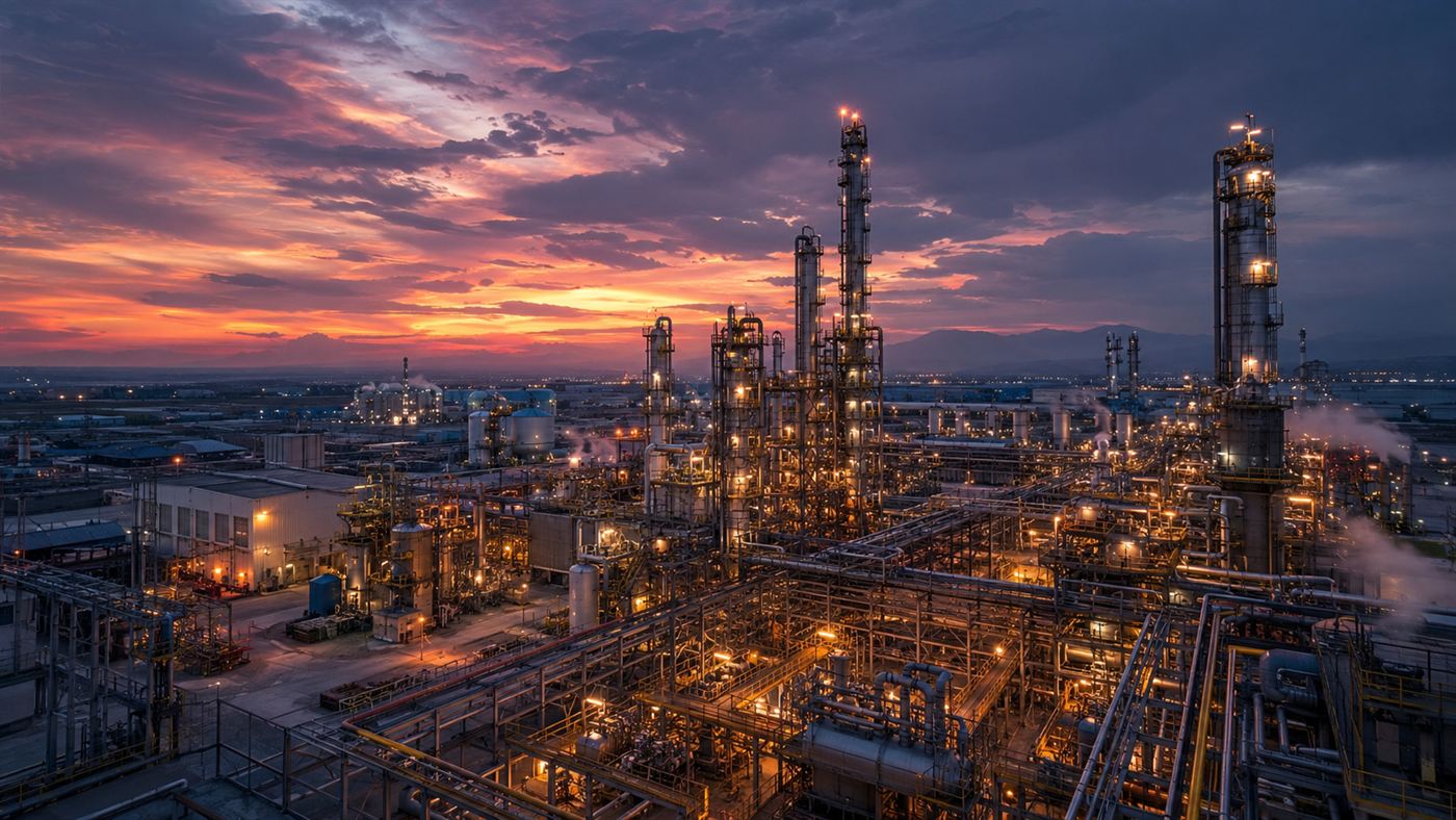 A large Haber-Bosch ammonia plant with tall towers and pipework at dusk, where nitrogen from the air becomes fertilizer