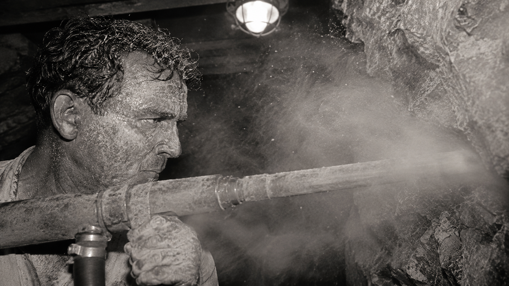 A tunnel worker coated in white silica dust drilling rock without a breathing mask