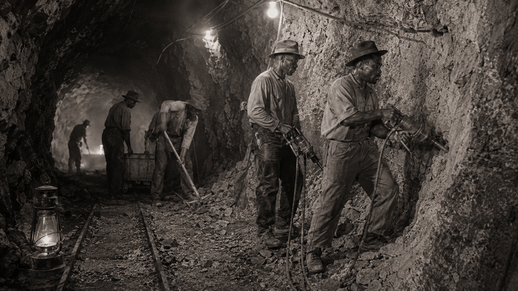 Black migrant workers drilling inside the dusty Hawks Nest Tunnel disaster site in 1930s West Virginia