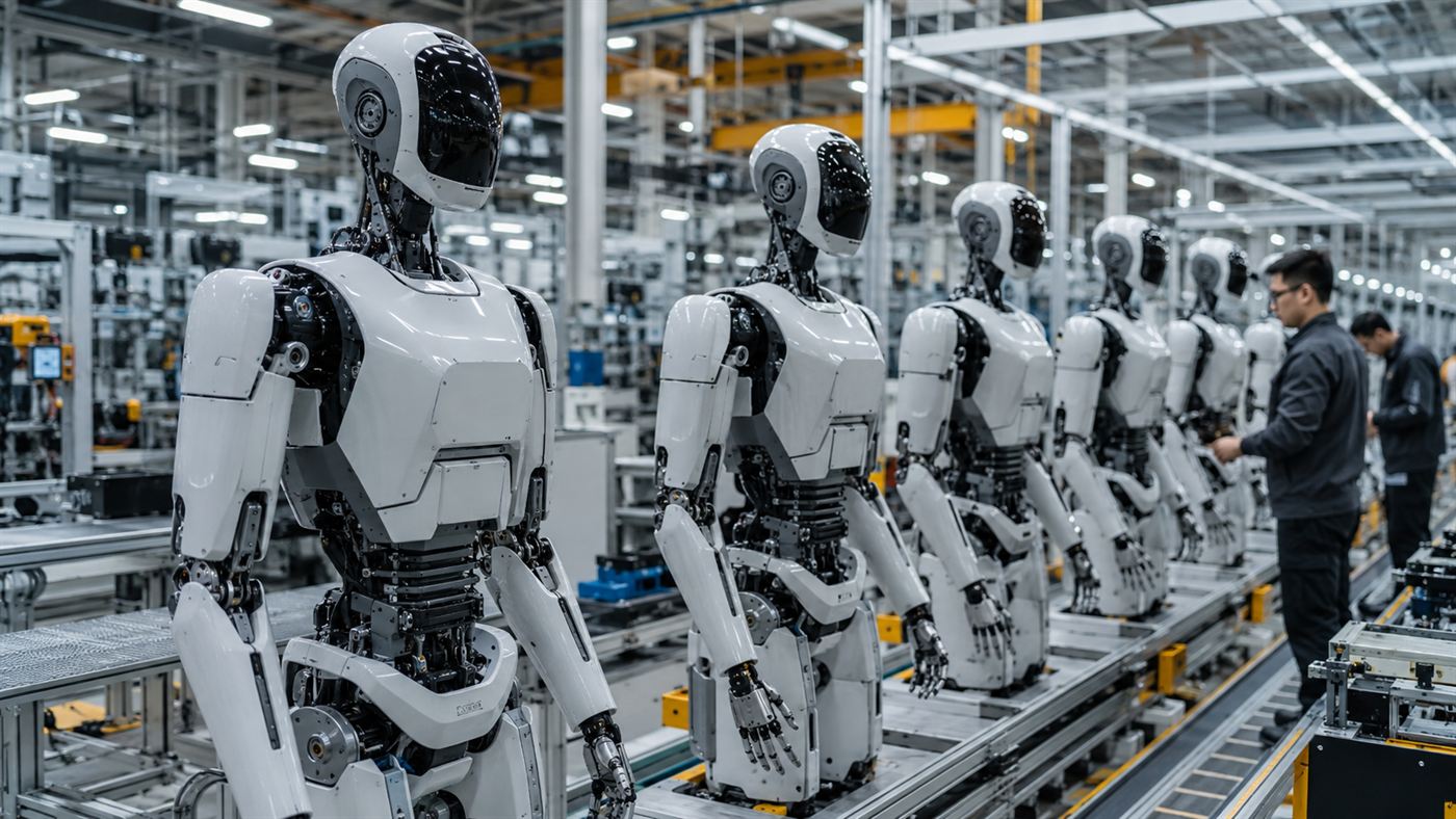 A row of humanoid robots standing on a modern factory assembly line being built, human workers nearby for scale