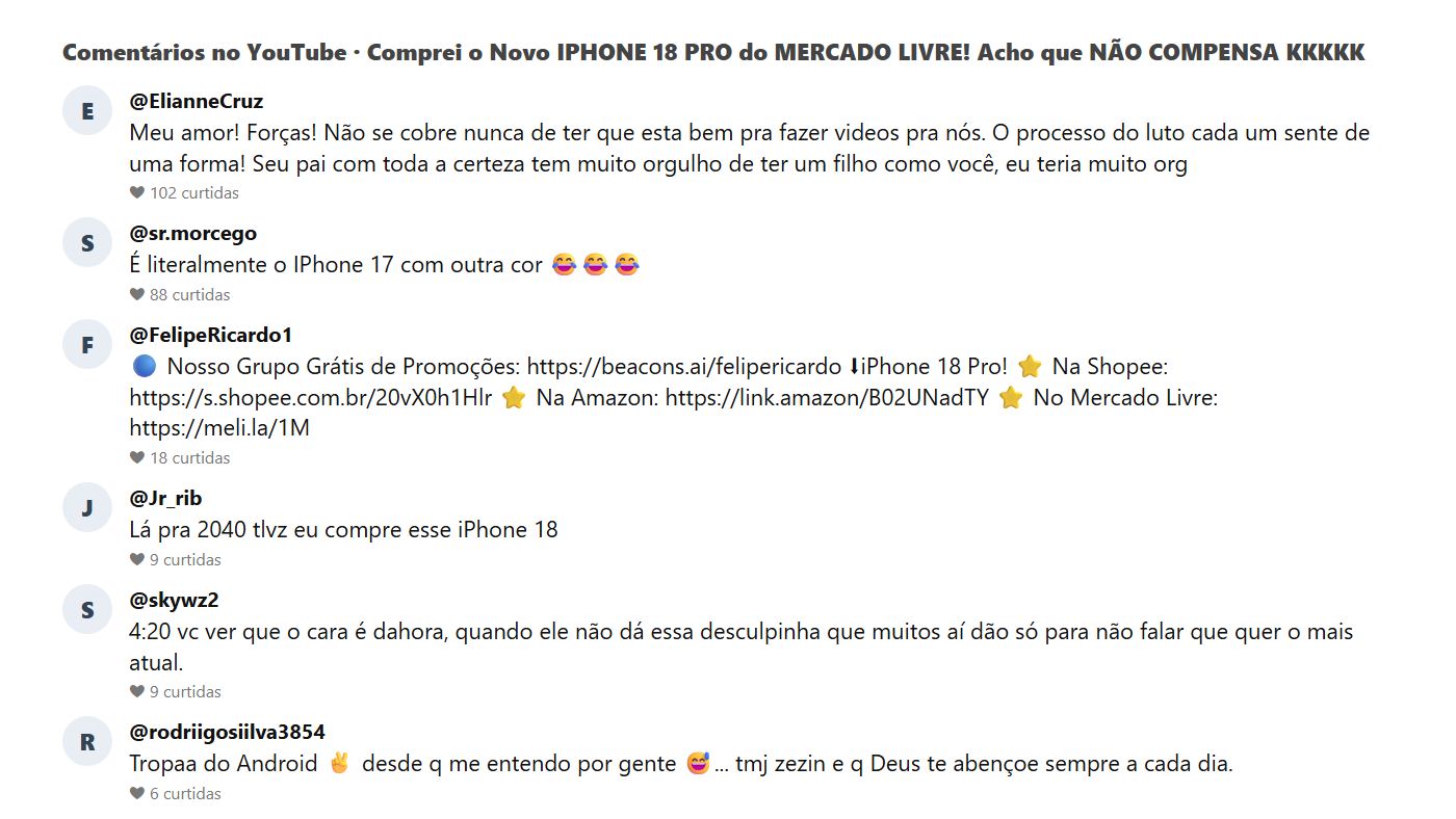 Comentários do público no vídeo sobre a compra do iPhone 18 Pro no Mercado Livre