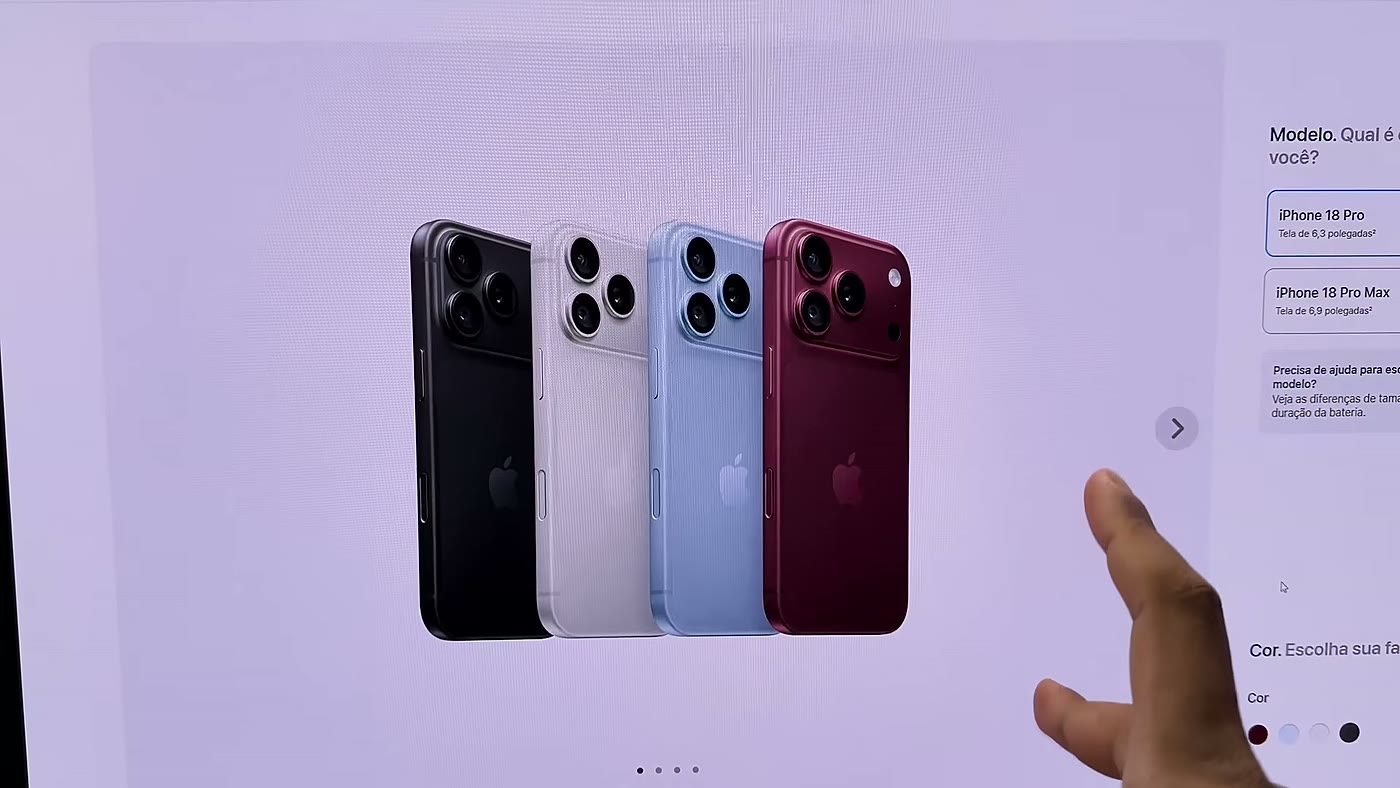 As quatro cores do iPhone 18 Pro mostradas na página oficial da Apple durante o vídeo de Felipe Ricardo