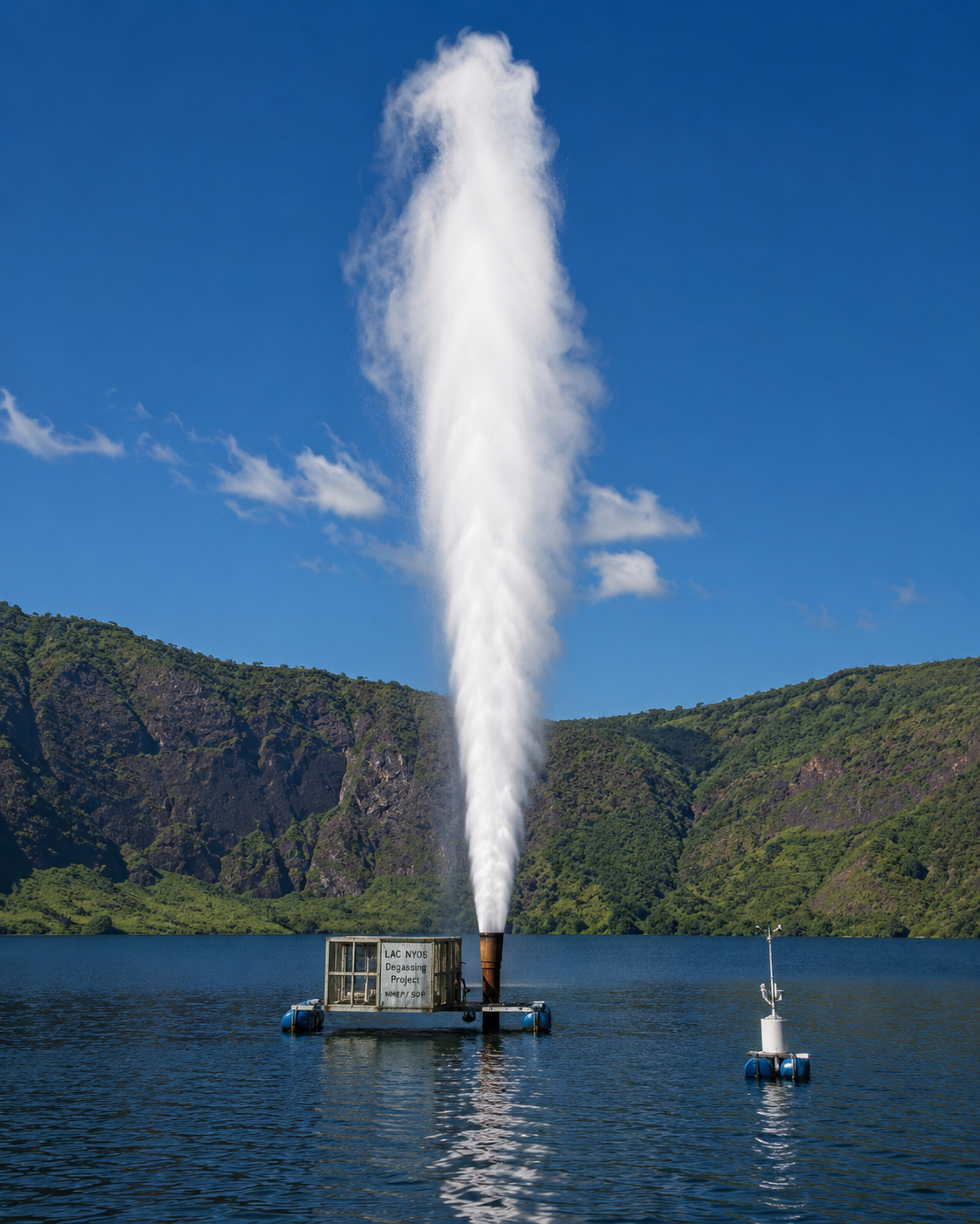 Lake Nyos degassing pipe plume, white fountain of water and carbon dioxide shooting upward from the surface of a calm blue crater lake in Cameroon