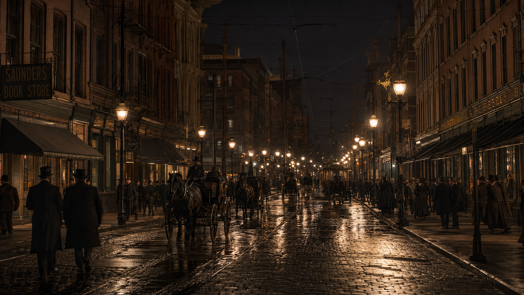 An 1880s city street lit by new electric lamps, the kind of work Lewis Latimer supervised